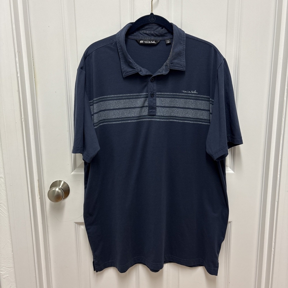 TravisMathew Mens XL Navy Blue Striped Short Sleeve Golf‎ Polo Shirt Performance